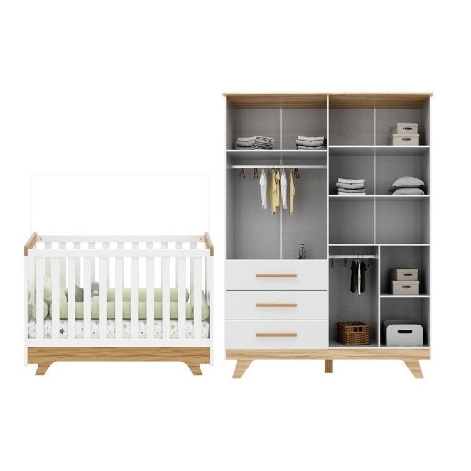 Conjunto Quarto de Bebê com Guarda Roupa e Berço Kakau Retrô Espresso Móveis Branco Brilho/Amêndoa
