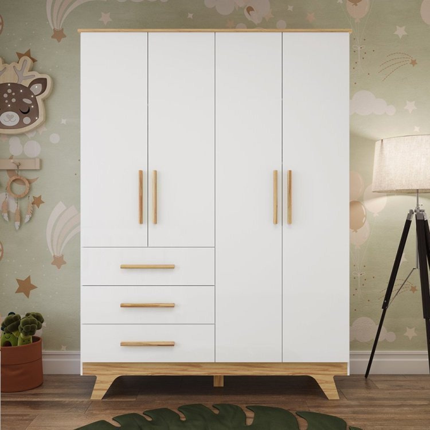 Conjunto Quarto de Bebê com Guarda Roupa e Berço Kakau Retrô Espresso Móveis Branco Brilho/Amêndoa