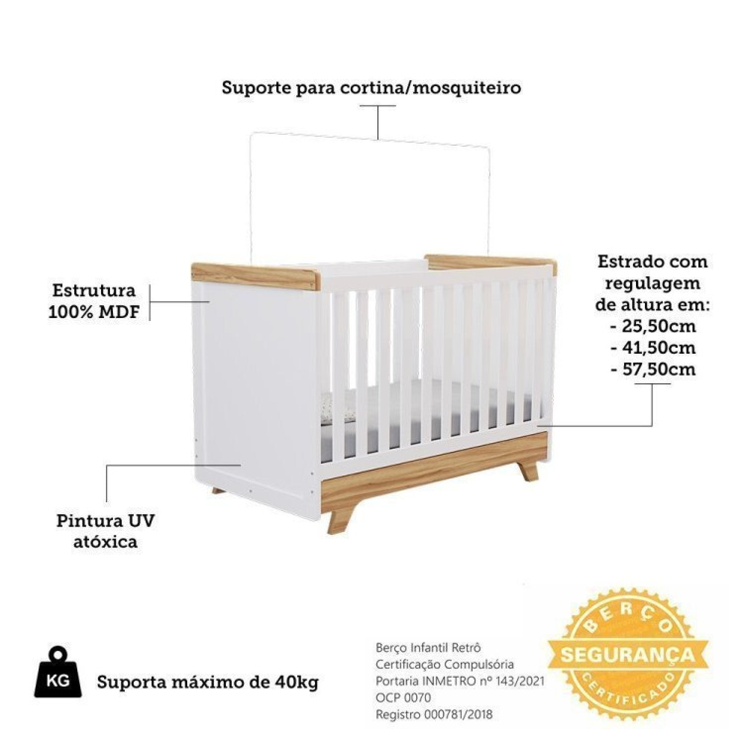 Conjunto Quarto de Bebê com Guarda Roupa e Berço Kakau Retrô Espresso Móveis Branco Brilho/Amêndoa