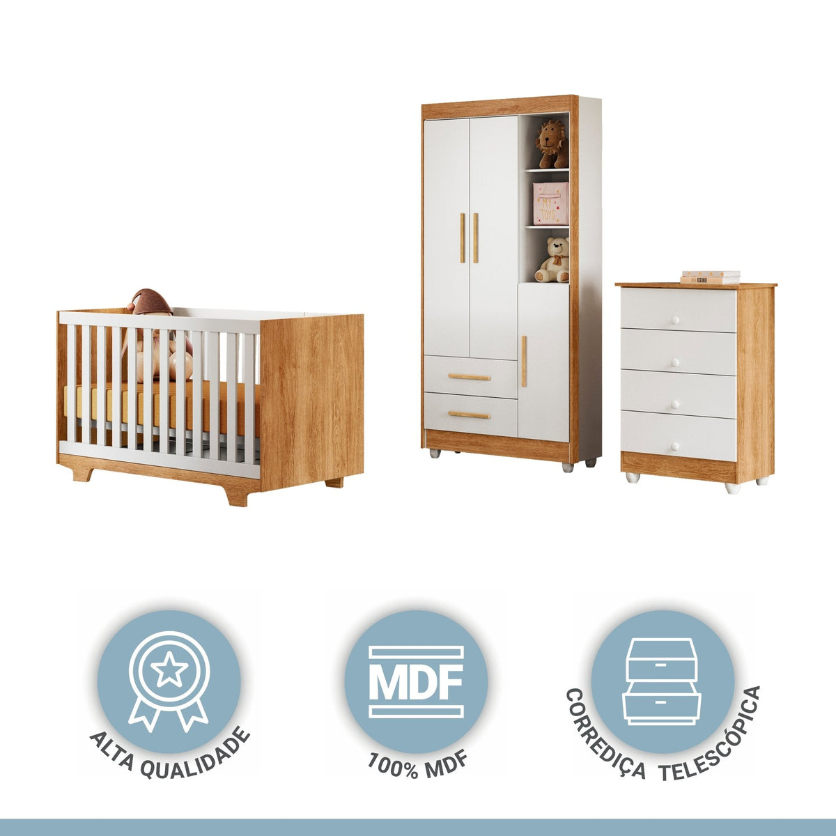 Quarto de Bebê Completo 100% MDF com Cômoda Berço e Guarda Roupa 1 MDF Nina Branco/Amadeirado