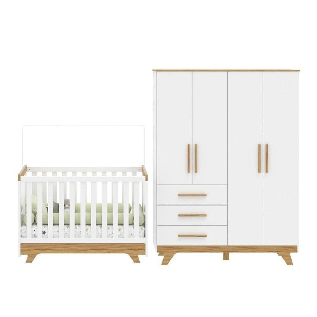 Conjunto Quarto de Bebê com Guarda Roupa e Berço Kakau Retrô Espresso Móveis Branco Brilho/Amêndoa